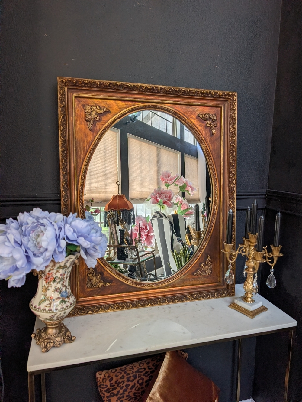 Vintage  Hollywood Regency Ornate Wood Copper Finish Wall Statement Mirror, gold